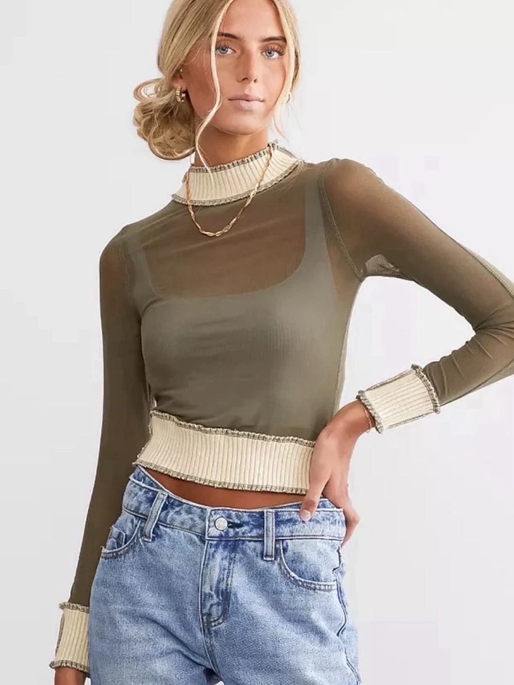 Gilded Intent Olive Sheer Long-Sleeve Top with Cream Trim